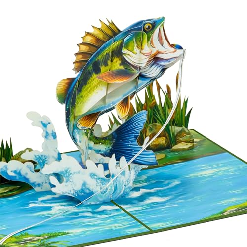POPWOW Fishing Pop Up Card, 5x7 Inch 3D Greeting Card, Largemouth Bass Fishing Design for Dad, Fisherman, Birthday, Retirement or Fathers Day, Includes Envelope & Note