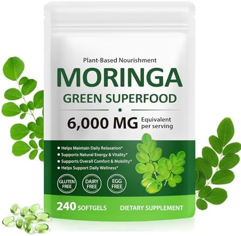 Moringa Capsules 240 Count – 6000 mg Moringa Leaf Extract Oil Softgels – Natural Green Superfood Supplement, Rich in Antioxidants – Supports Energy, Skin, Bone, Joint, Immune & Gut Health