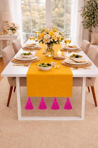 WWW.THROWPILLOW.IN Ocher Table Runner with Tassels 14x72 Inches | Fits 5 Feet TV Unit Cabinet, Center Table, Coffee Table, Dining Table, Dresser, Entry Console, Credenza | Diwali Festive Decor
