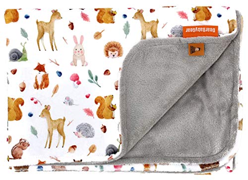 Image of Dear Baby Gear Farm Deluxe Baby Blanket - Reversible, Milestone & Newborn Gifts - Dainty Forset Animals with Nuts and Berries & Light Grey Smooth Fabric, 39.5 x 27 Inches
