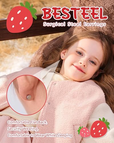 BESTEEL Hypoallergenic Silver Stud Hoop Earrings for Girls Women Surgical Steel Flatback Earrings Cute Kids Earring Pink Colorful CZ Earrings Set Toddler Earring for Sensitive Ears Age over 4 years old4