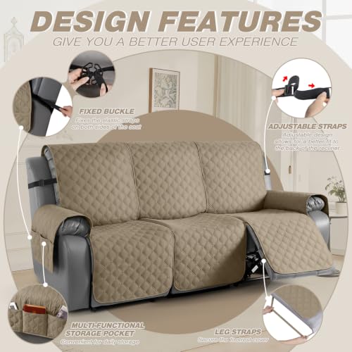 Image of TAOCOCO 100% Waterproof Recliner Covers With Leg Straps, Reversible Recliner Couch Cover For Reclining Chair, Washable Couch Protector For Pets Kids (3 Seater, Khaki)