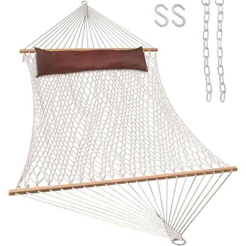 Lazy Daze Hammocks 12FT Double Rope Hammocks, 2 Person Hand Woven Cotton Hammock with Spreader Bar for Outdoor, Indoor, Patio, Poolside, FIT 13-15 Foot Stand, Max 450 Lbs, Natural, 141 x 57