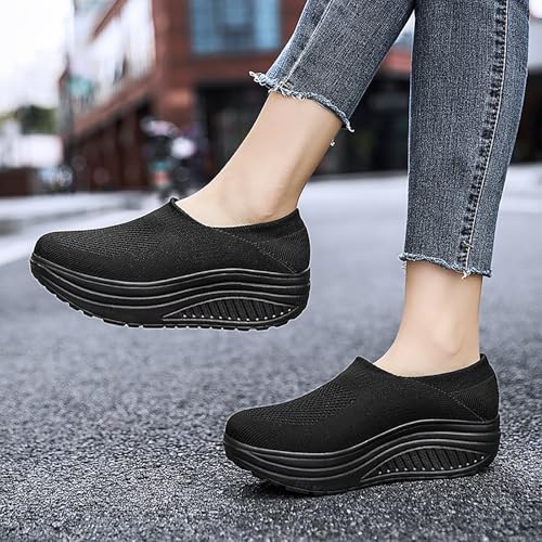 Image of Women's Knitted Platform Slip On Walking Sneakers,Comfort Lightweight Arch Support Non Slip Casual Mesh Breathable Workout Work Shoes