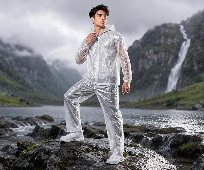 Image of Krystle Men's PVC Rainsuit with Hoods and Side Pocket, 100% Waterproof Portable Rainwear (Multicolor,Multisize)