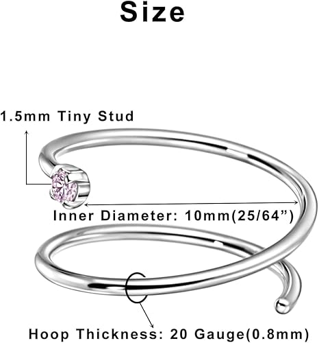 Miniatura 6 de Aro de nariz doble de 0.78 oz y 0.394 pulgadas para un solo piercing, acero quirúrgico plateado en espiral para mujeres y hombres, piedra natal