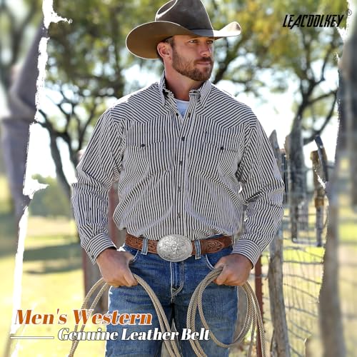 LEACOOLKEY Men's Leather Belt Western Cowboy Leather Belt for Jeans Pants Snap Belt with Detachable Buckle2