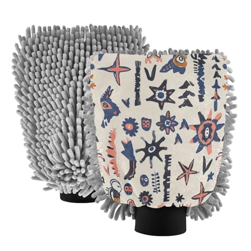 ALAZA Retro Boho Bohemian Car Wash Mitt Scratch Free, 2 Pack Absorbent Microfiber/Chenille Washing & Drying Mitts, L