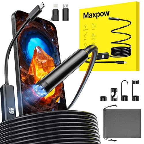 Maxpow Endoscope Inspection Camera – 1920HD IP67 Waterproof, Plug & Play for iPhone/Android (No WiFi) with Snapshot & Video, 5m Ideal for Engine and Plumbing