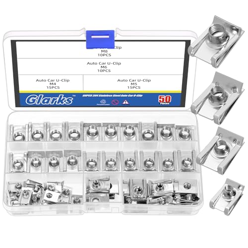 Glarks 50pcs M4 M5 M6 M8 U-Style Clip-On Nuts Set, 304 Stainless Steel Thread Clip Nut, U Nuts Clamp Set, U-Shaped Nut, Automotive U-Clips for Engine, Fender, Bumper, Dash, Interior Trim Panels