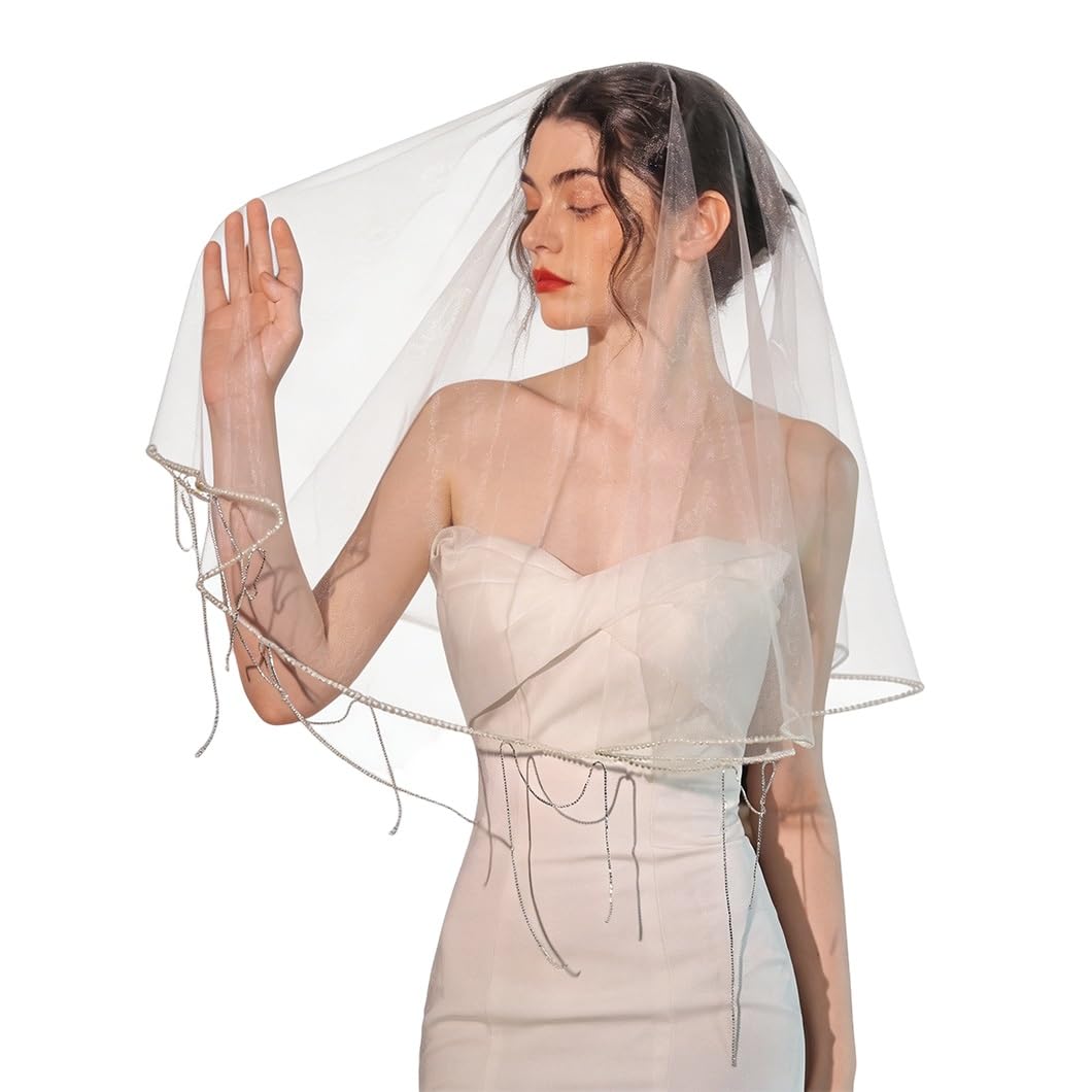 Voile de mariée à franges métalliques haut de gamme blanc cassé ultra-transparent 120cm