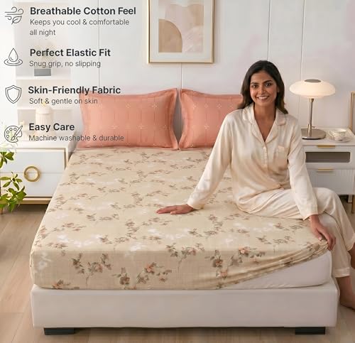 Image of HOMEKART Cotton Contrast Fitted Bedsheet for King Size Bed 72x72+10 Inch with 2 Pillow Covers 17x27 Inch | All Round Elastic | TC 144 Soft, Breathable Floral Printed Bedsheet (Ivory Blossom Elegance)