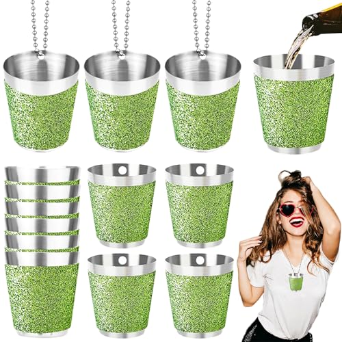 Begpoee 12 Stück Schnapsglas Edelstahl 30ml Shot Becher Metall zum Umhängen Schnapsbecher mit Kette Für Hochzeitsfeiern Karneval Geburtstagsfeier Bachelorette Party(4 2 x 3 7 cm Grün + Silber)