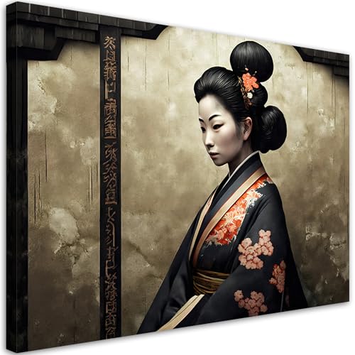 Feeby - Impression sur Toile - Tableaux Decoratifs Muraux - Geisha japonaise - 90x60 1partie - Décoration pour le Salon et la Chambre - Tableau toile Intissé pour le mur