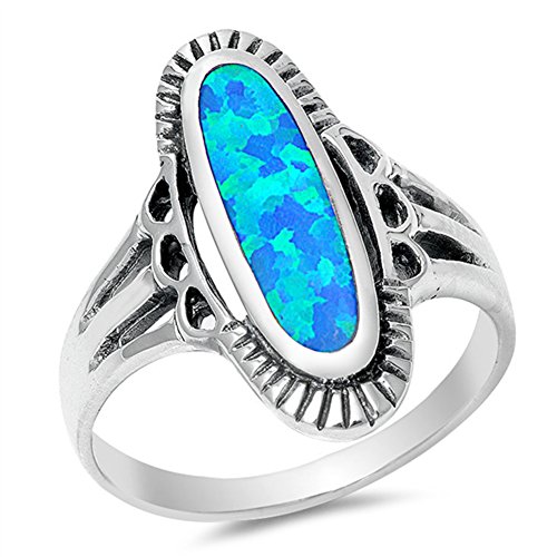 Blue Simulated Opal Long Oval Ring New .925 Sterling Silver Celtic Band Size 6