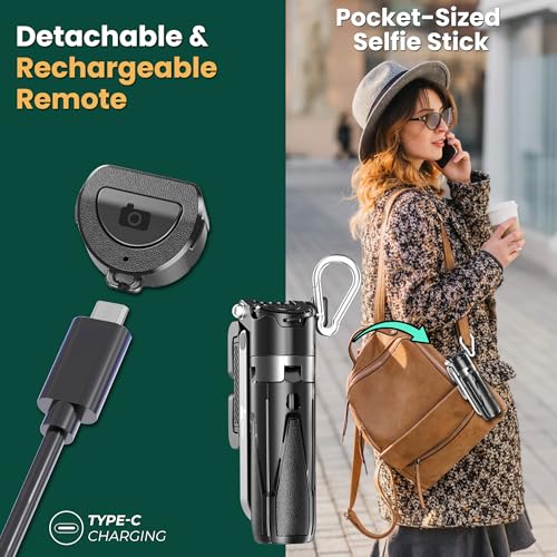 Image of WeCool Pocket Selfie Stick Tripod - Extends to 17 inch, One-Click Auto Open Legs, 5-Section Aluminum Pole, 360 Rotating Holder, Rechargeable Bluetooth Remote for Travel & Vlogging