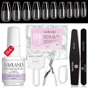 SAVILAND Gel Nail Kit - Nail Glue Gels With 36W Curing Lamp, 4-in-1 Glue Gel 15ml, 500PCS Soft Full Cover Medium Coffin Tips, LED Light Design Kit for Extension