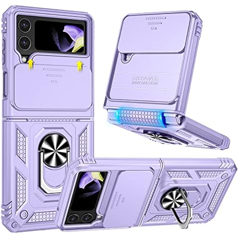HWeggo Case for Samsung Galaxy Z Flip 4,Galaxy Z Flip 4 Cover with Slide Camera Cover and Ring Stand,Foldable TPU Frame and Hard PC Back,Shockproof Anti-Scatch Protective Case(Purple) Cover