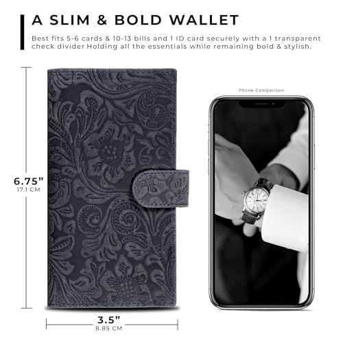 Image of Oak Leathers Checkbook Cover Slim Minimalist For Men with RFID Blocking Credit Card Holder Wallet (Vintage Flower Blue)