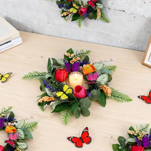 Image of 6 PCS Spring Lavender Tulips Candle Rings Wreaths Artificial Floral Pillar Candle Holder Wreaths with Butterfly Mini Spring Summer Candle Rings for Table Centerpiece Home Farmhouse Cabinet Porch Decor