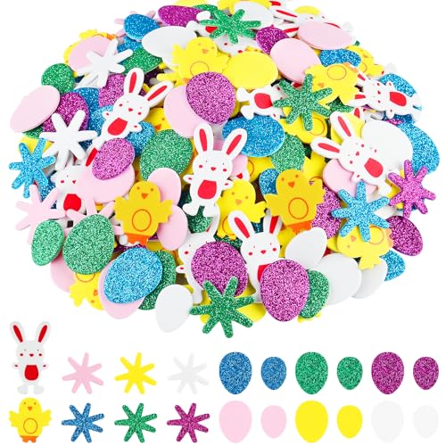 NACHLYNN Lot de 300 autocollants en mousse pour enfants, motif œufs de lapin, poussin, fleurs, cartes de vœux, décoration d'intérieur, fournitures de...