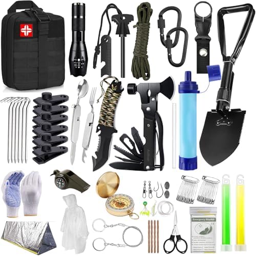 AuRiver Kit de Supervivencia, Equipo de Emergencia con Filtro de Agua, Kit Supervivencia con Cuchillo de Caza, Kit de Primeros Auxilios para Viajar Caminar Acampar al Aire Montaña (Negro)