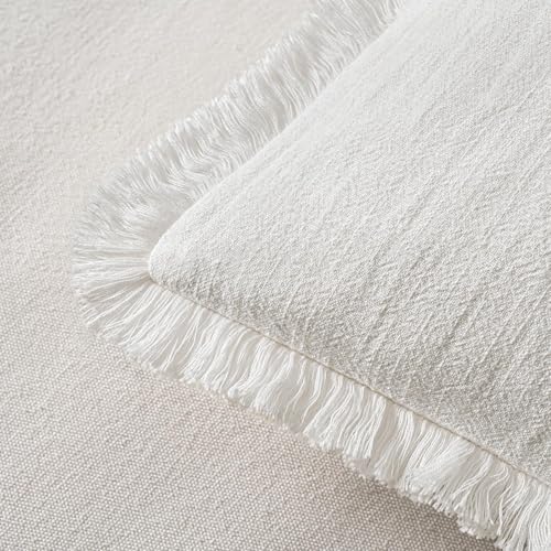 Image of MIULEE Decorative Throw Pillow Covers Neutral Linen Fringe Throw Pillows Euro Shams Set of 2 White Boho Farmhouse Cushion Covers for Couch Sofa Bed Living Room Spring Home Decor 28x28 Inch