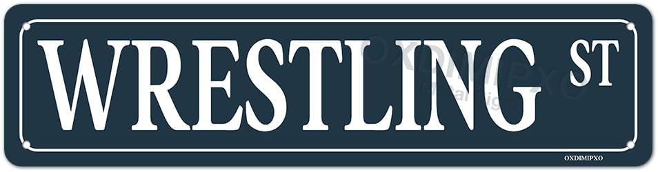 Wrestling Street Tin Sign Vintage Iron Wall Art Funny Road Signs Rectangle Metal Poster Decor Signs for Home Kitchen Farmhouse Bar Cafe Garage Wall Decoration 4x16In