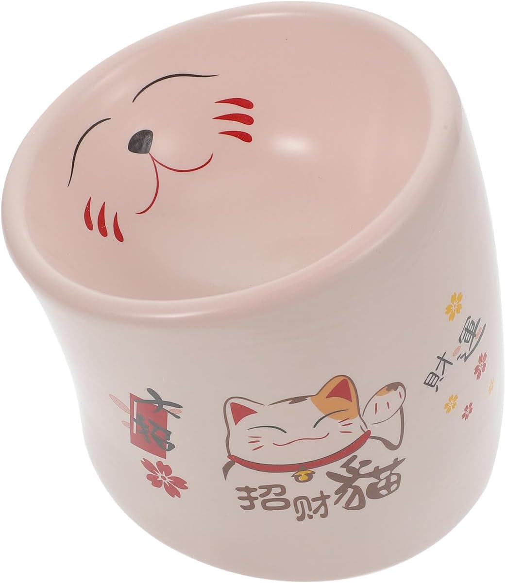 VICASKY Ceramic Cat Bowl with Neck Protection, Anti-Spill Raised Pink Kitten Feeding Dish, Elevated Pet Water and Food Holder for Cats and Puppies