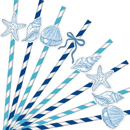 50 pitillos de papel tema océano azul miniatura 1