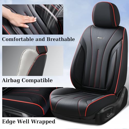 Image of Coverado Car Seat Covers Full Set, Leather Seat Covers for Car, Waterproof Seat Covers, Automotive Seat Cushions, Breathable Car Seat Protector Universal for Most Sedans, Trucks, SUV (Black &Red Line)