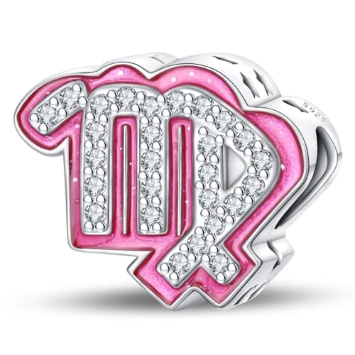 925 Sterling Silver Zodiac Signs Charms Fits Pandora Bracelets Constellation Bead Charm for Bracelets Necklace Pink with 5A Cubic Zirconia for Women Birthday Ceremony DIY Jewelry Gift