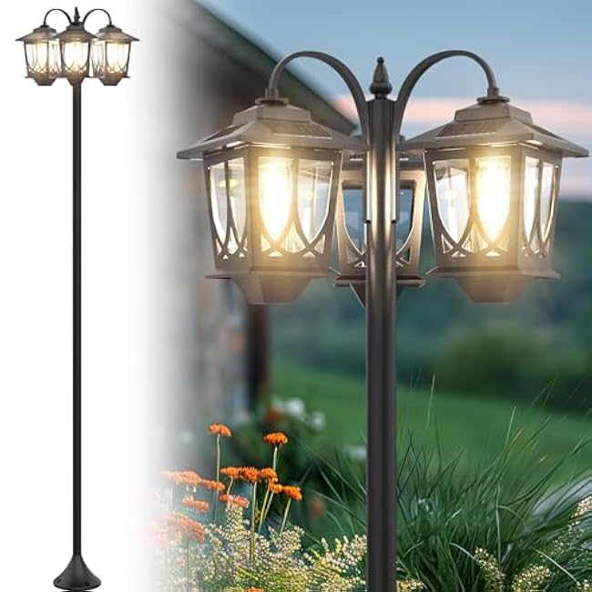 73 Aluminum Solar Lamp Post Light, 3-Head Pole Lights 90LM Waterproof - Auto Dusk to Warm White Dawn Floor Lamp for Outdoor Garden Pathway Replaceable Bulb