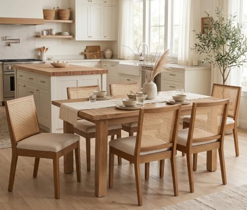 Image of HNY Farmhouse Rattan Dining Chairs Set of 6, Walnut Solid Hardwood Frame, Upholstered Linen Seat, Ergonomic Cane Back Dining Room Chairs for Kitchen, Dining Room, Apartment, Beige