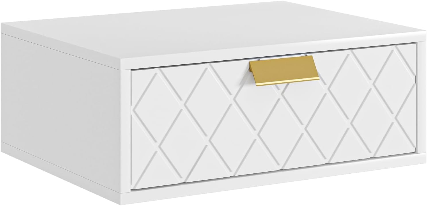 Floating Nightstand, Floating Shelf with Drawer, Wall Mounted Nightstand, Floating Bedside Table (White Diamond)