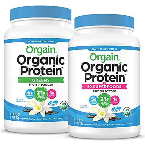 Orgain Organic Plant Based Protein & Greens Powder, Creamy Chocolate Fudge - 1.94 Pound & Organic Plant Based Protein + Superfoods Powder, Vanilla Bean - Vegan, Non Dairy, Lactose Free, 2.02 lb