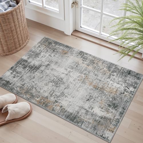 2 x 3 Small Area Rug Indoor Entryway Rug Machine Washable Non Slip Low Pile Carpet Modern Abstract Rugs for Bedroom Kitchen Powder Room Front Porch Bathroom, Grey Grey 2' x 3'