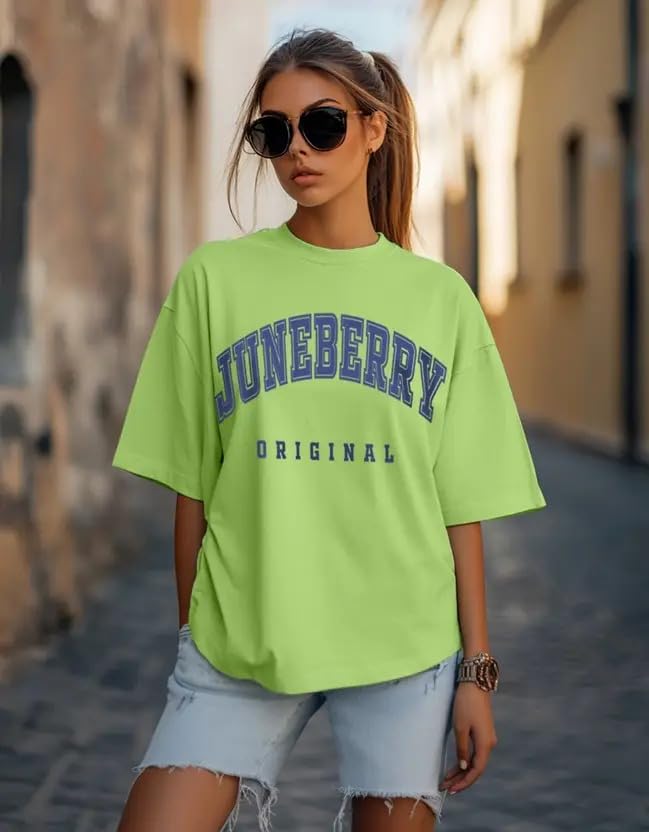 Image of JUNEBERRY Pure Cotton Oversized Drop Shoulder Brand Logo Typography Print Round-Neck Baggy Fit T-Shirt for Women (Available in Navy, Green & Pink Colors)