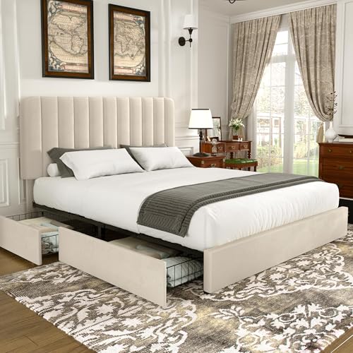 VECELO 4ft6 Double Bed Frame with 4 Storage Drawers Velvet Upholstered Bed with Headboard Wooden Slats Support No Box Spring Needed Beige