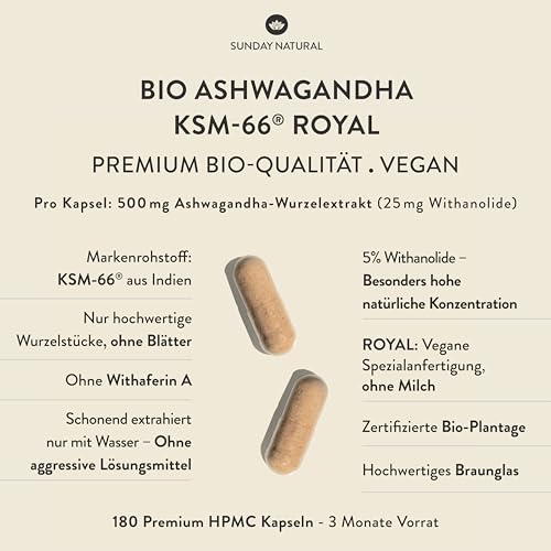 SUNDAY NATURAL® Bio Ashwagandha Kapseln - Premiumrohstoff KSM-66® – 180 Kapseln - 1.000mg Wurzelextrakt mit 50mg Withanoliden (5%) pro Tagesdosis – Ashwaganda aus Indien