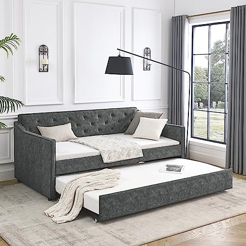 Catálogo para Comprar On-line Sofa Cama Canguro más recomendados. 44 KEIKI - Sofá Cama de tapicería de tamaño Individual con Cama rodar y cabecero, sofá Cama con Brazos ondulados, fácil de Montar, no Requiere somier, para Sala de Estar, Gris