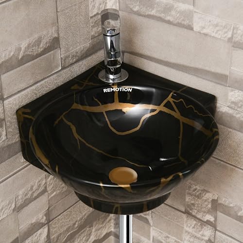 Image of REMOTION Wall Mounted Wash Basin for Bathroom | Wall Hung Corner Sink | Ceramic Round Wall Hung Wash Basin | Wall Hung Small Corner Basin (16.3 x 13.8 x 4.3 Inch) (Black Gold Jelly)