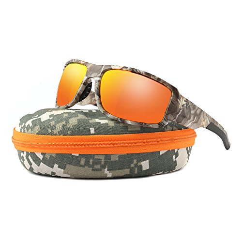 JIANGTUN Polarized Sunglasses Men Camouflage Wrap Around Sport Frame Lightweight with camo Hard case Mirrored Lens Available