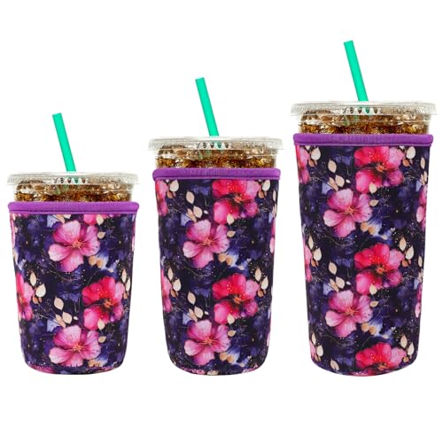 Image of YR Reusable Neoprene Insulator Sleeve for Iced Coffee Cups, 3 Pack Coffee Coolies sleeves for Iced & Hot Drinks, Cold Beverage Cooler Compatible with Starbucks Coffee and More (Fuchsia Floral)