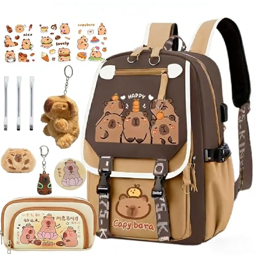 Kapibara Mochila de desenho animado capivara grande capacidade impermeável Kapibara coisas kawaii mochila com alfinetes e acessórios, Padrão 6