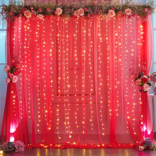 10x10ft Red Tulle Backdrop Curtain with Lights String for Parites,