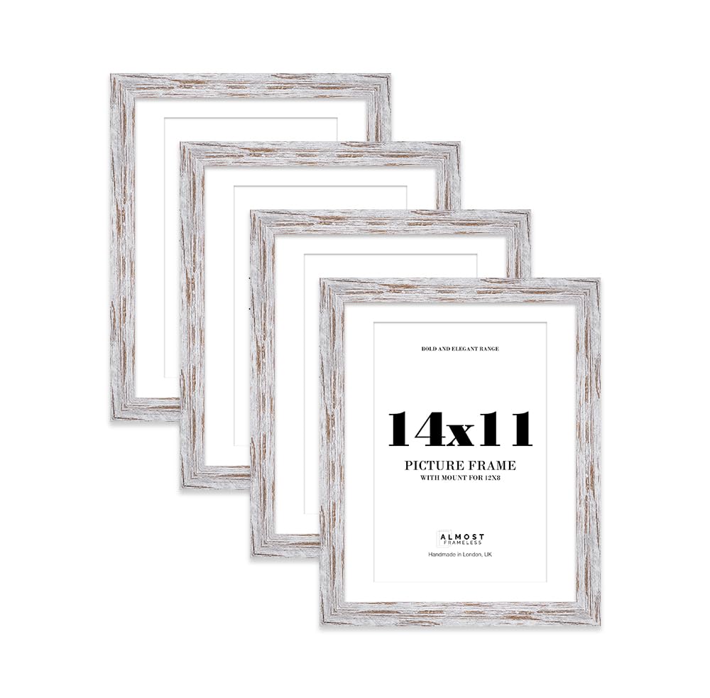 14x11 Distressed Wood Frame With Mount for 12x8 Pictures 28mm Edge Portrait and Landscape Display with Wall Hooks and Kickstand, 4 Pack