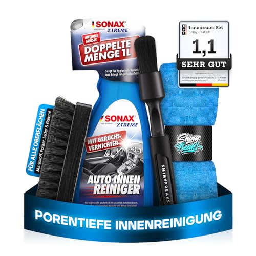 SONAX XTREME (1L) Innenraumreiniger Auto + Bürste + chemicalworkz Pinsel + Shiny Freaks Mikrofasertuch - Auto Innenraum Reiniger, Kunststoff, Polster, Leder, Cockpitpflege, Auto Reinigungsset