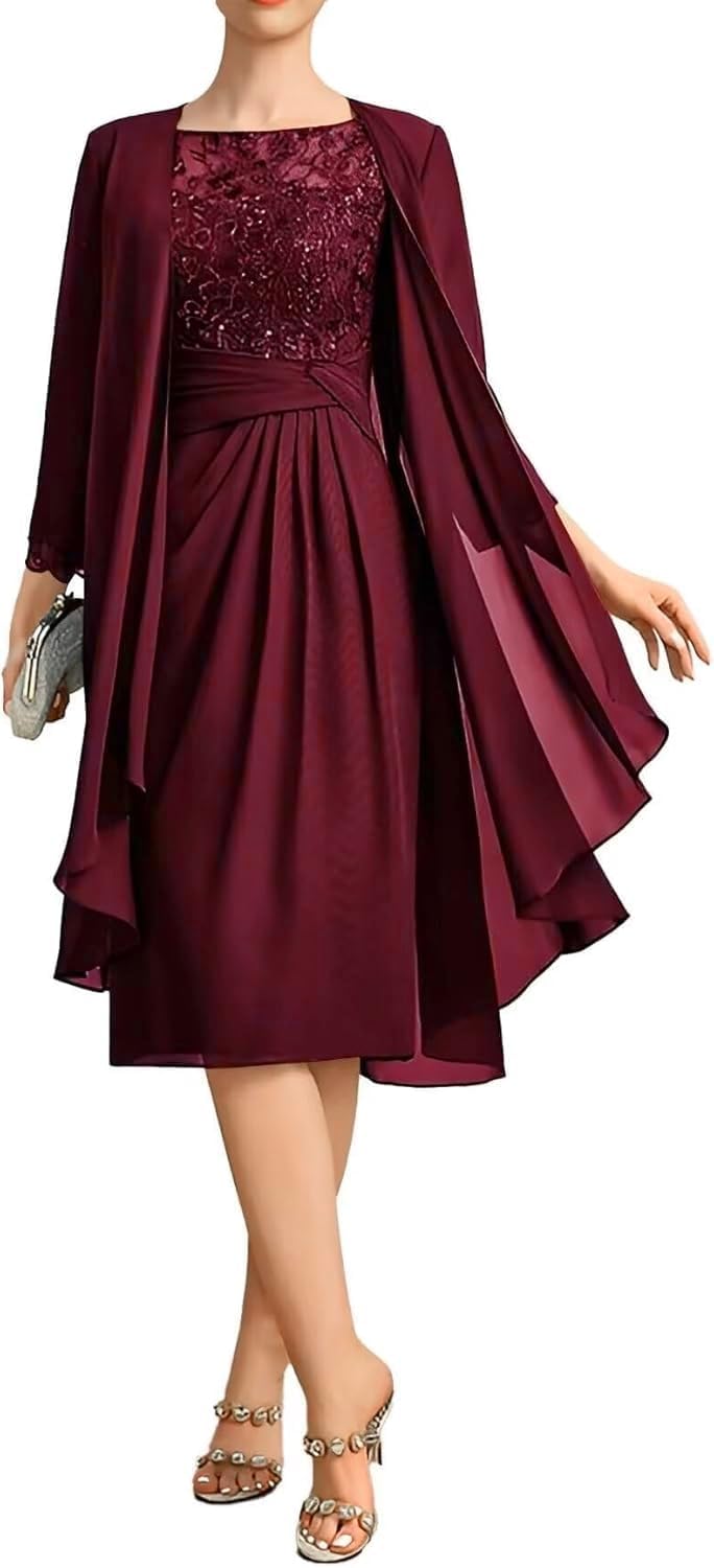 Tea Length Mother of The Bride Dresses with Jacket Long Sleeves Chiffon Formal Evening Gown for Women