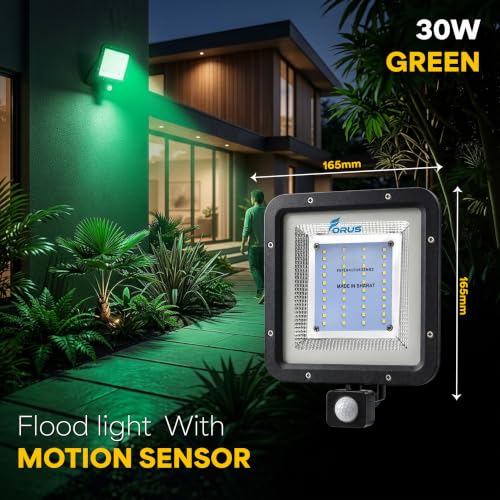 Image of Forus 30W LED Flood Light Green with Motion Sensor Auto On Off Day Night Mode Waterproof Outdoor Security Light for Garden Parking Garage Factory Warehouse High Bright Floodlight 4Yr Warranty-1Pc